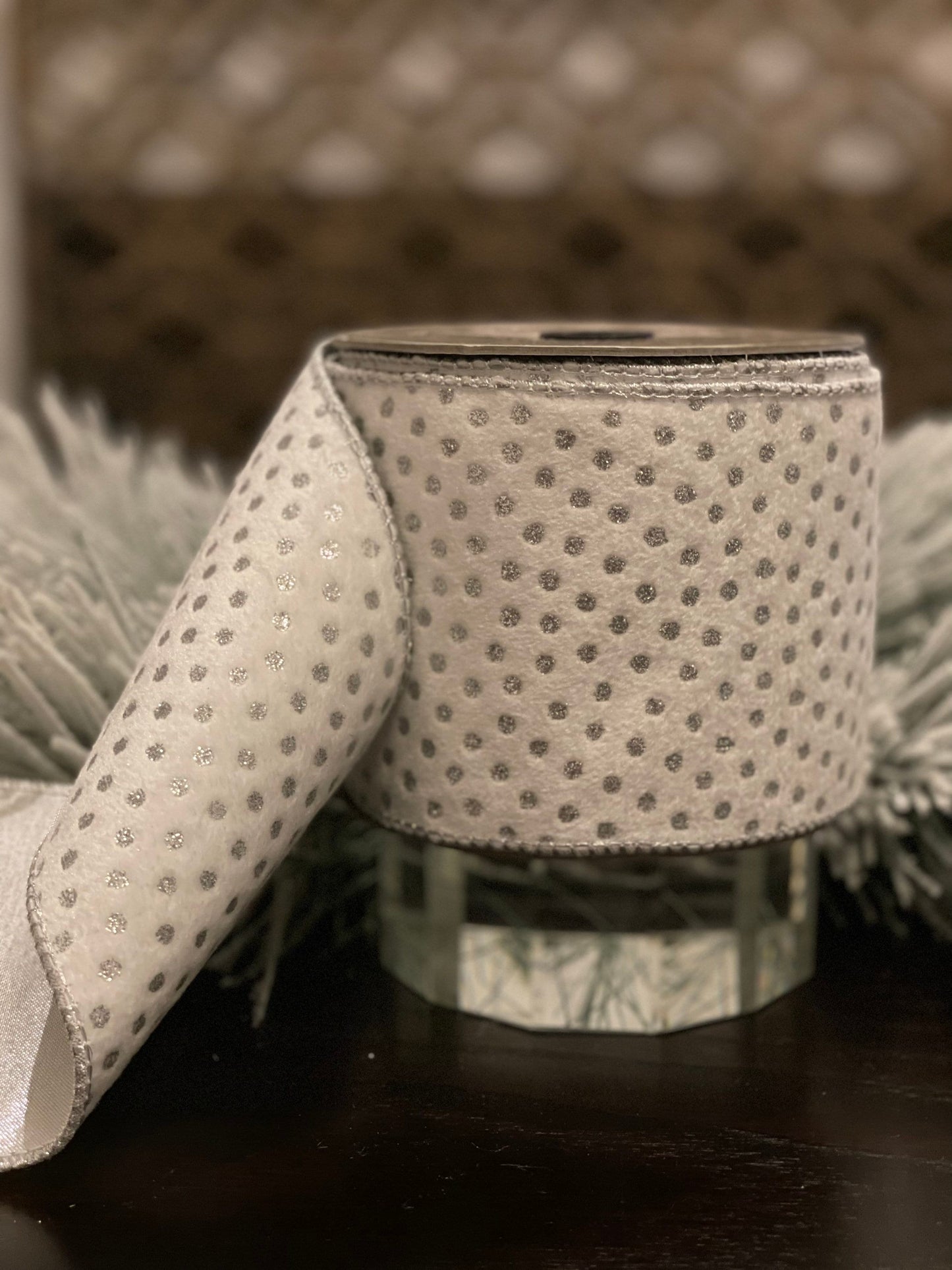 4” x 10 yds. Designer velvet polka dot silver glitter winter white ribbon.*