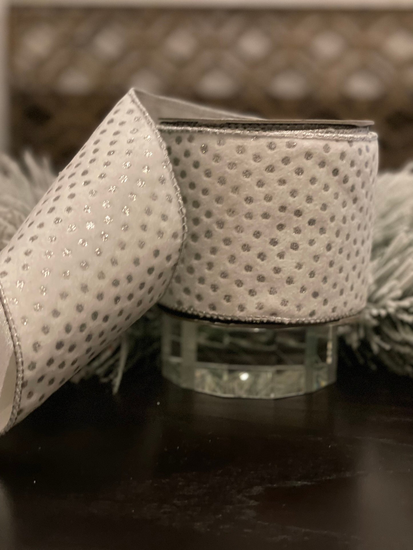 4” x 10 yds. Designer velvet polka dot silver glitter winter white ribbon.*