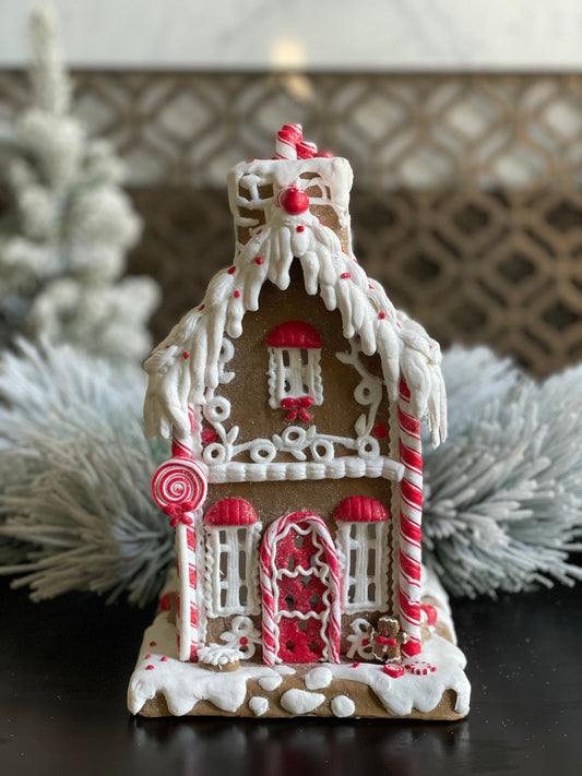 11.5”H x 6.5” W. Gingerbread lighted house with chimney. Red and white.