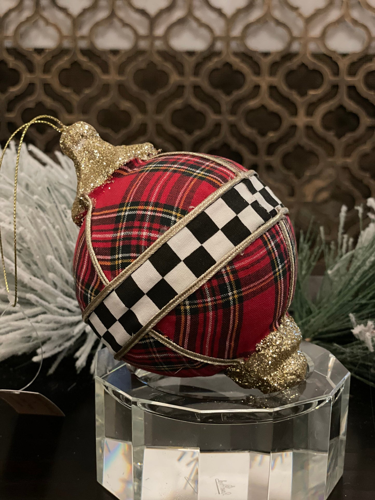 6"plaid check finial ornament.