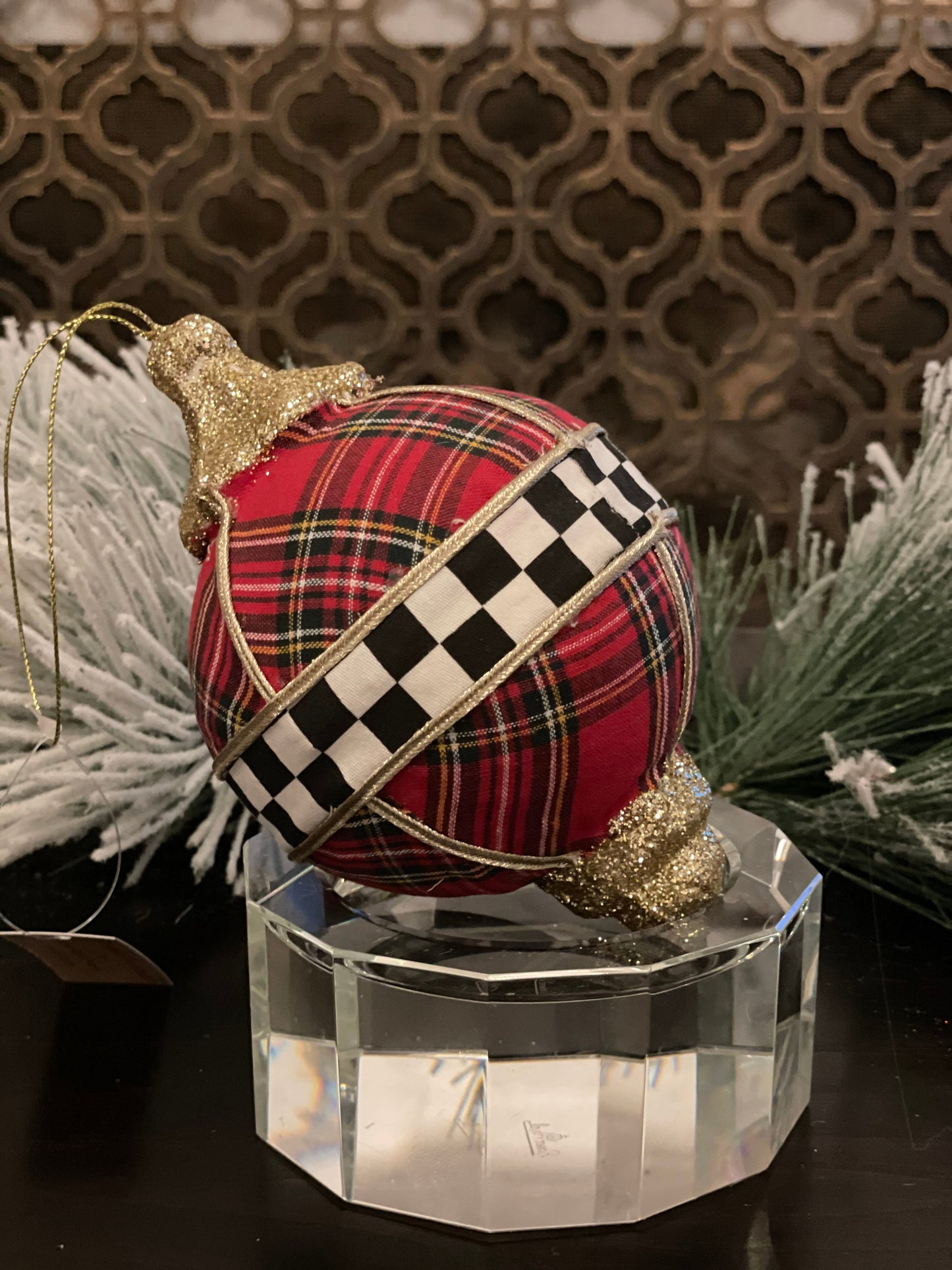 6"plaid check finial ornament.