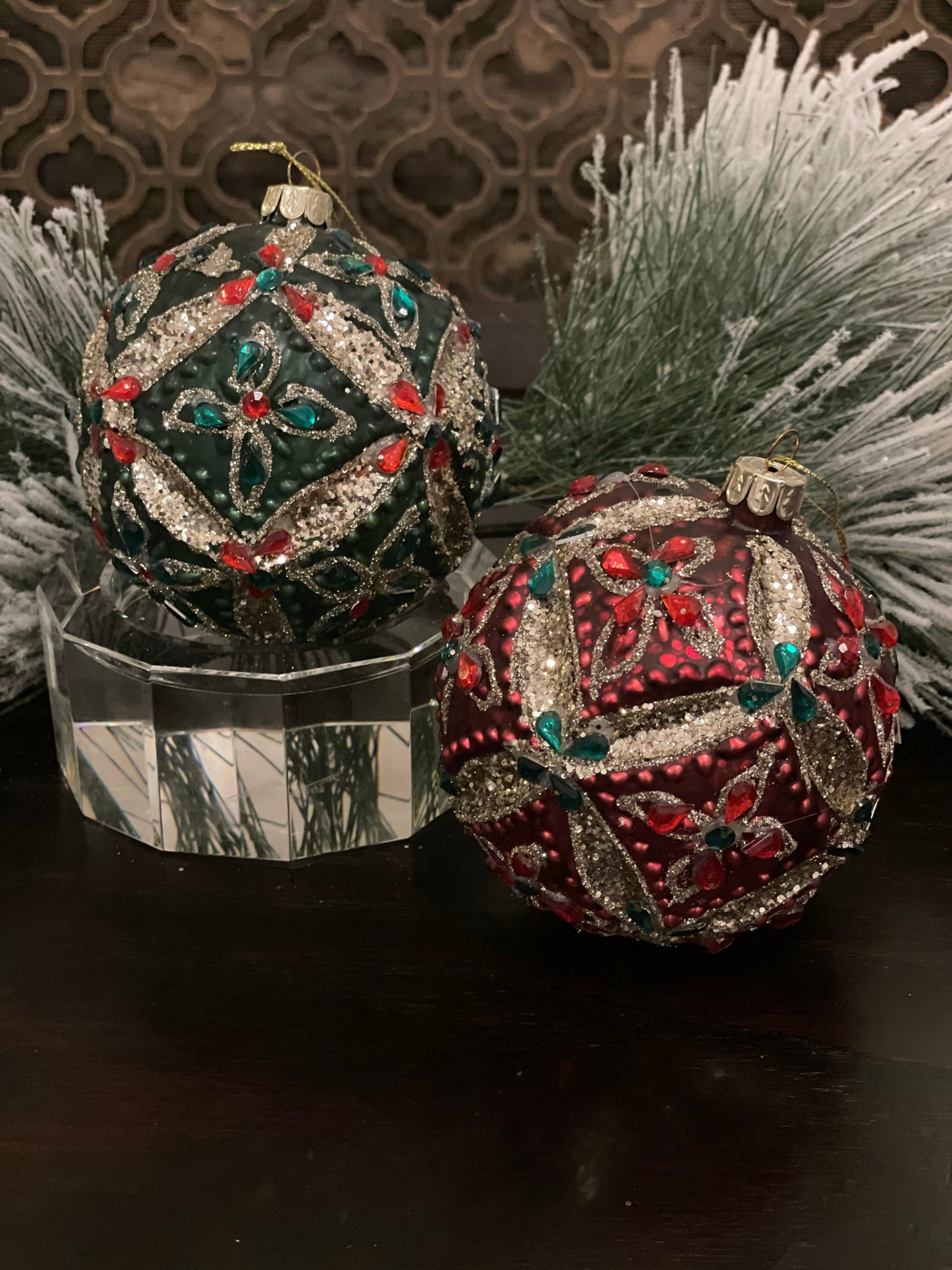 4” glass flower red and green ball ornament. Set of 2. One red and one green.