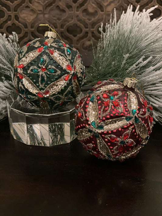 4” glass flower red and green ball ornament. Set of 2. One red and one green.