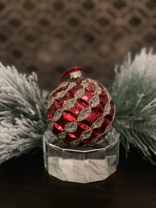 4" Mercury glass beaded ribbon ball ornament. Red and gold.