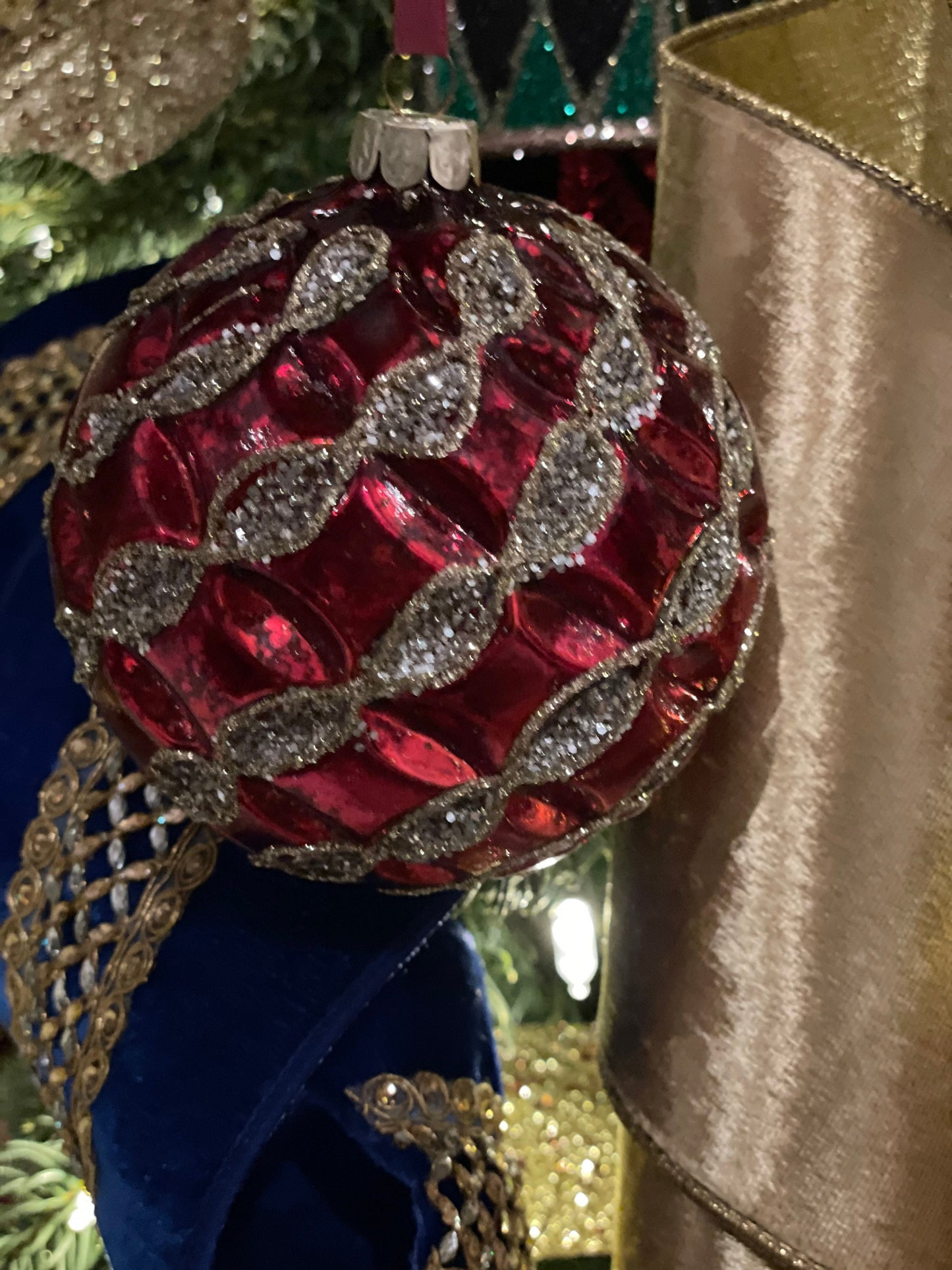 4" Mercury glass beaded ribbon ball ornament. Red and gold.