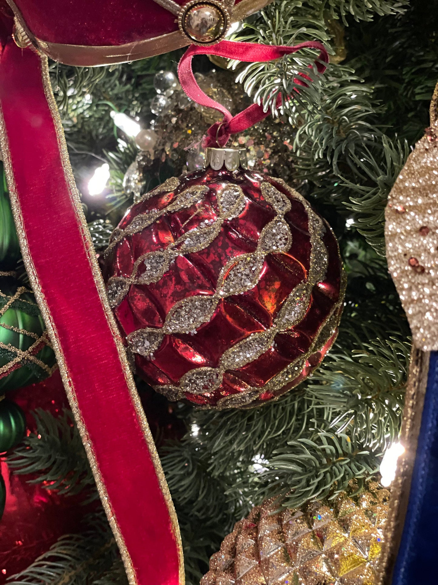 4" Mercury glass beaded ribbon ball ornament. Red and gold.