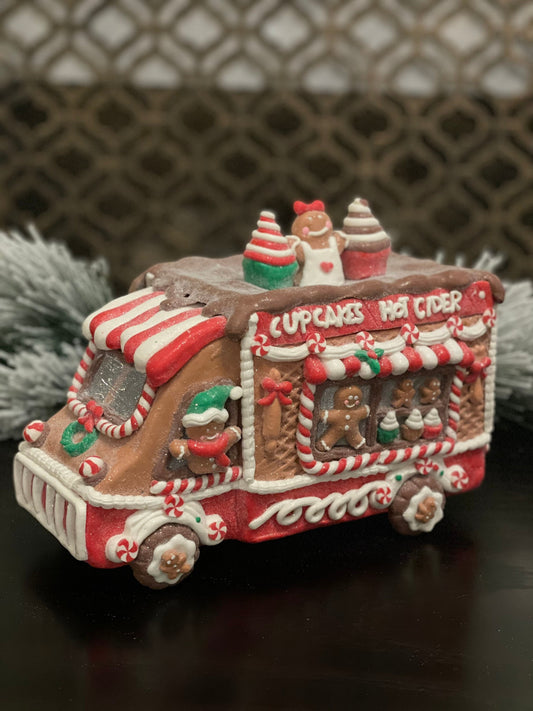 11”L x 8”H x 6W. Gingerbread cupcake truck. Lighted.