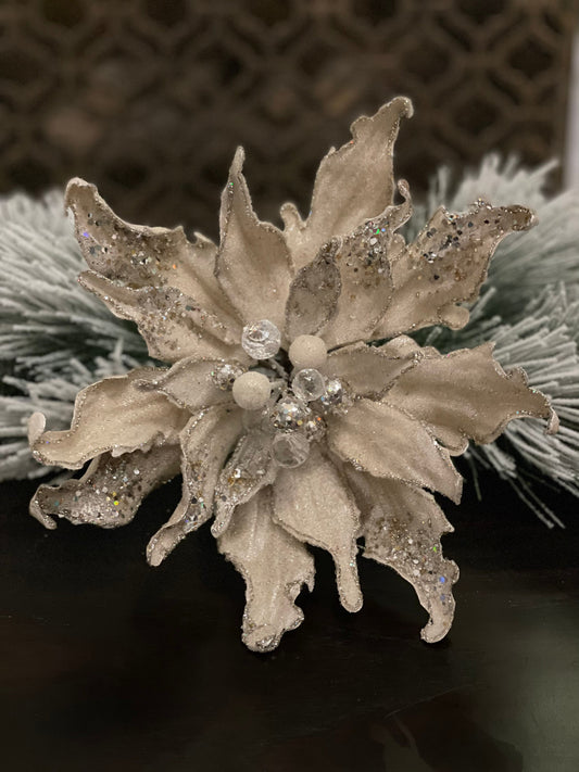 12” Poinsettia beaded jeweled glitter stem. Ivory/platinum