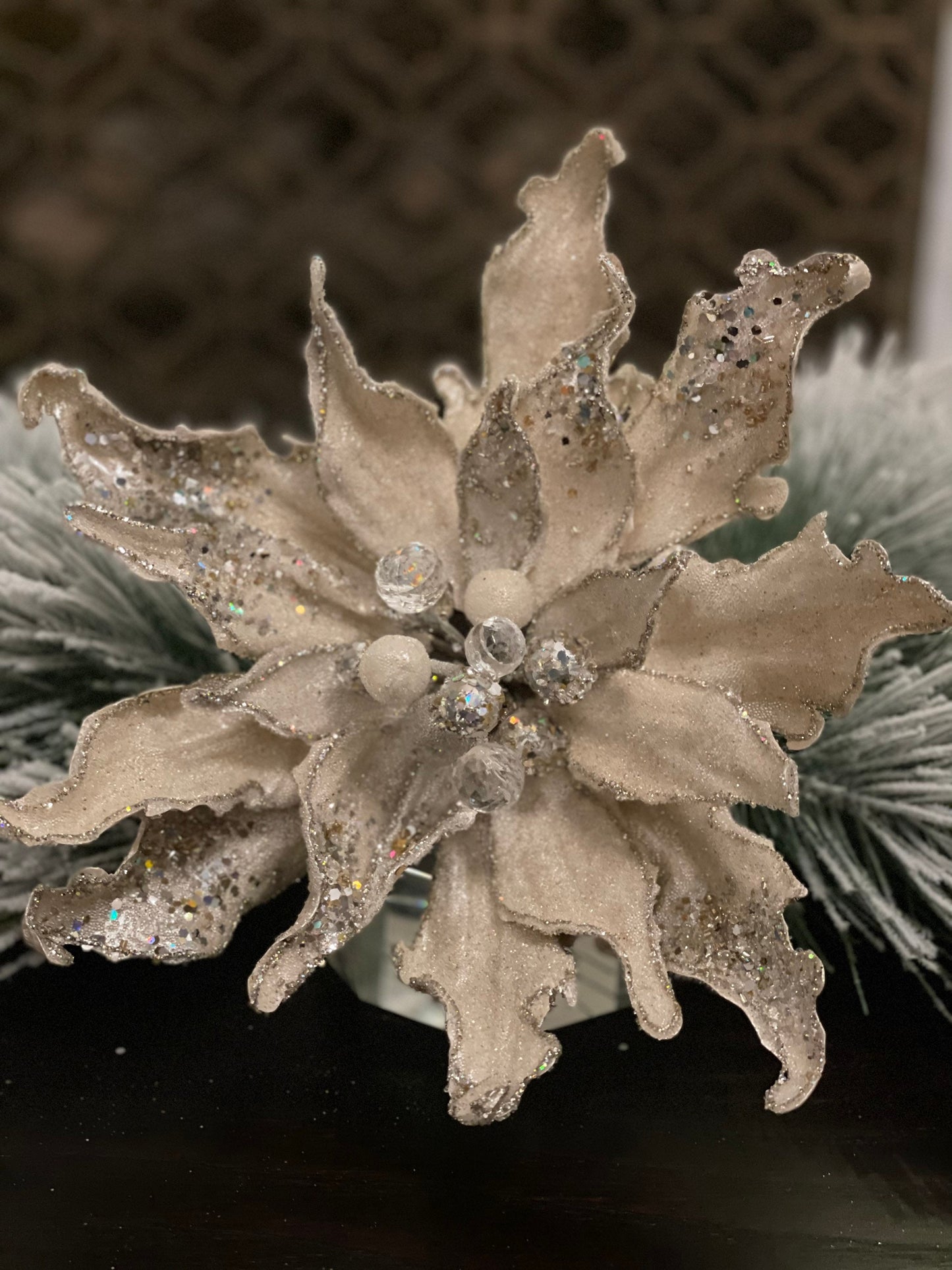 12” Poinsettia beaded jeweled glitter stem. Ivory/platinum