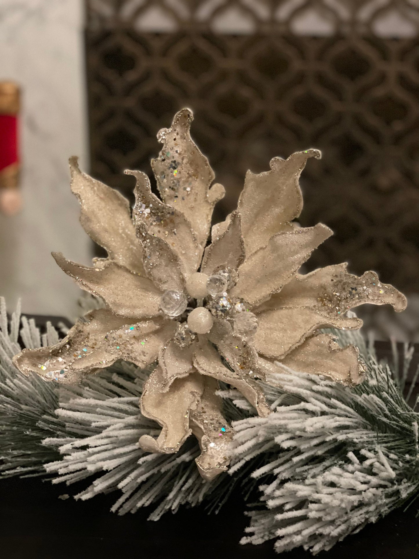 12” Poinsettia beaded jeweled glitter stem. Ivory/platinum