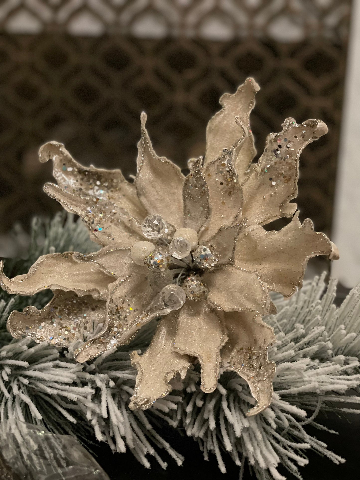 12” Poinsettia beaded jeweled glitter stem. Ivory/platinum