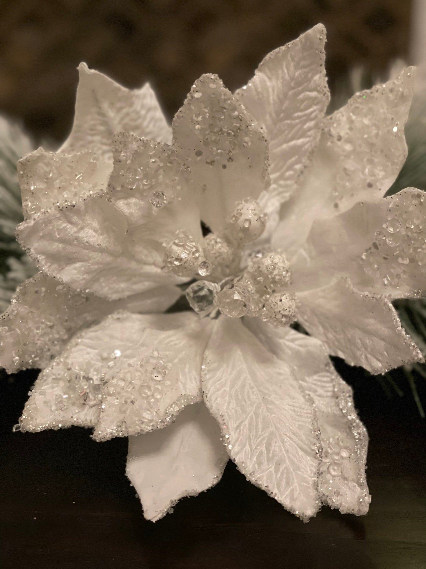 11” Poinsettia velvet sequins jeweled glitter stem. Icy white.