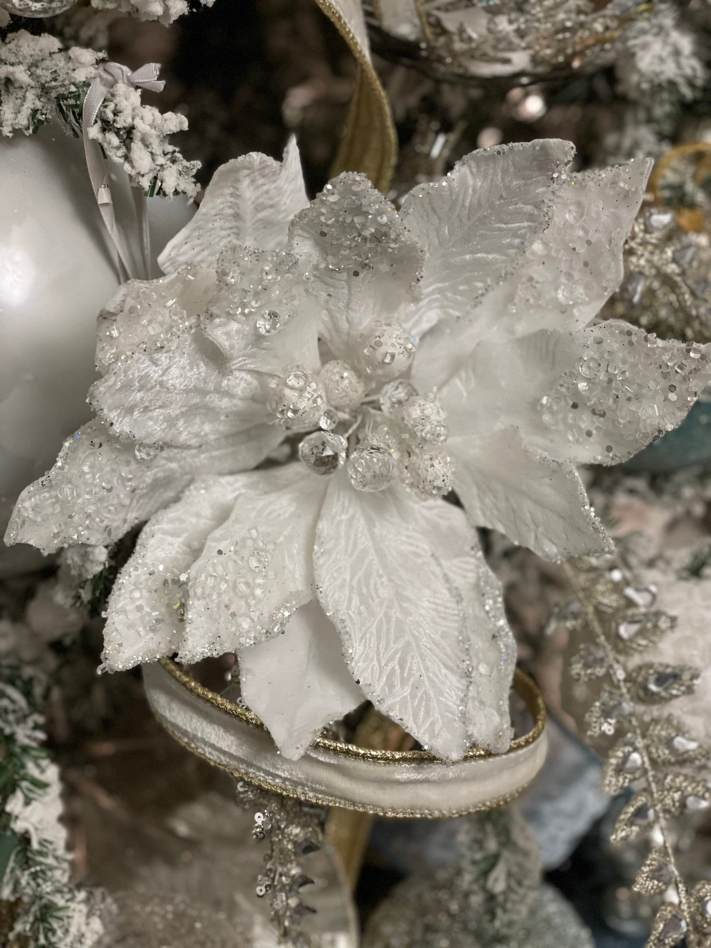 11” Poinsettia velvet sequins jeweled glitter stem. Icy white.