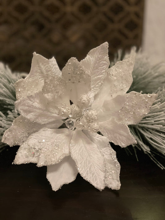 11” Poinsettia velvet sequins jeweled glitter stem. Icy white.