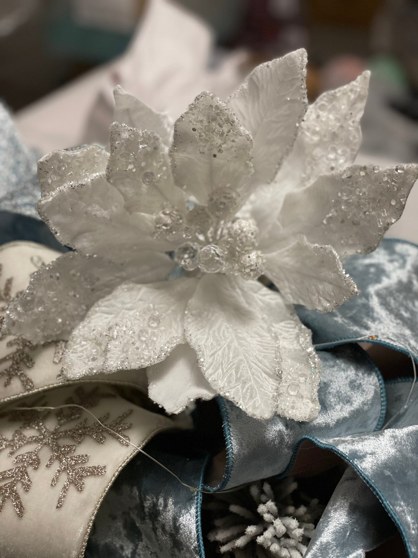 11” Poinsettia velvet sequins jeweled glitter stem. Icy white.