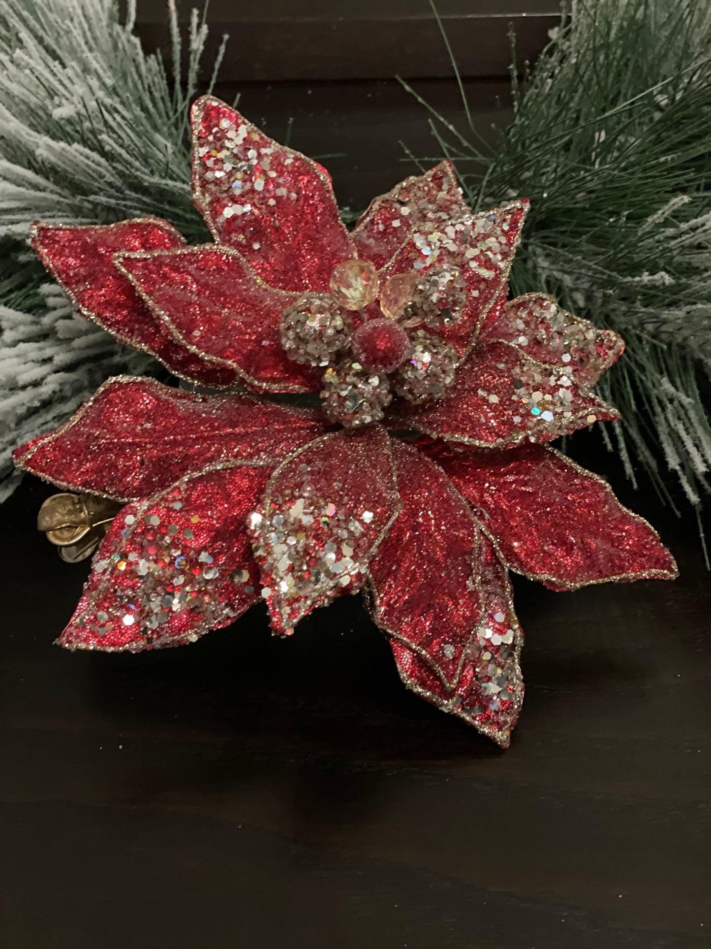 8” Red poinsettia beaded and metallic. red and soft gold. Clip poinsettia.