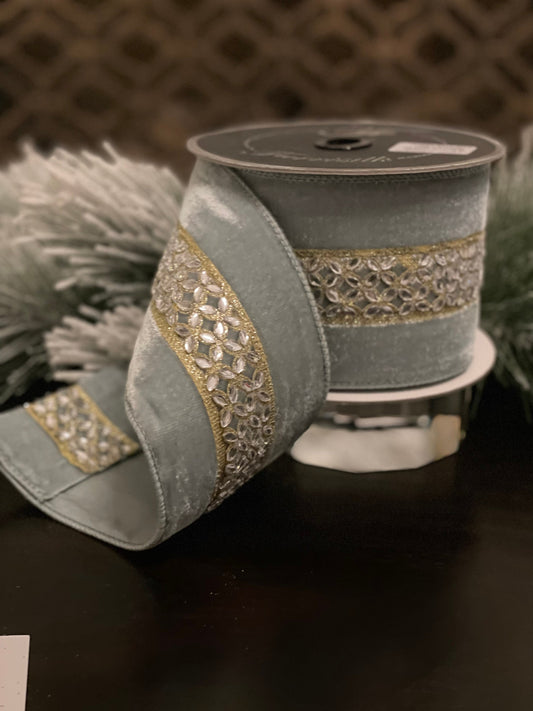 Designer jeweled lace light blue and platinum wired ribbon 4” x 5 yards.*