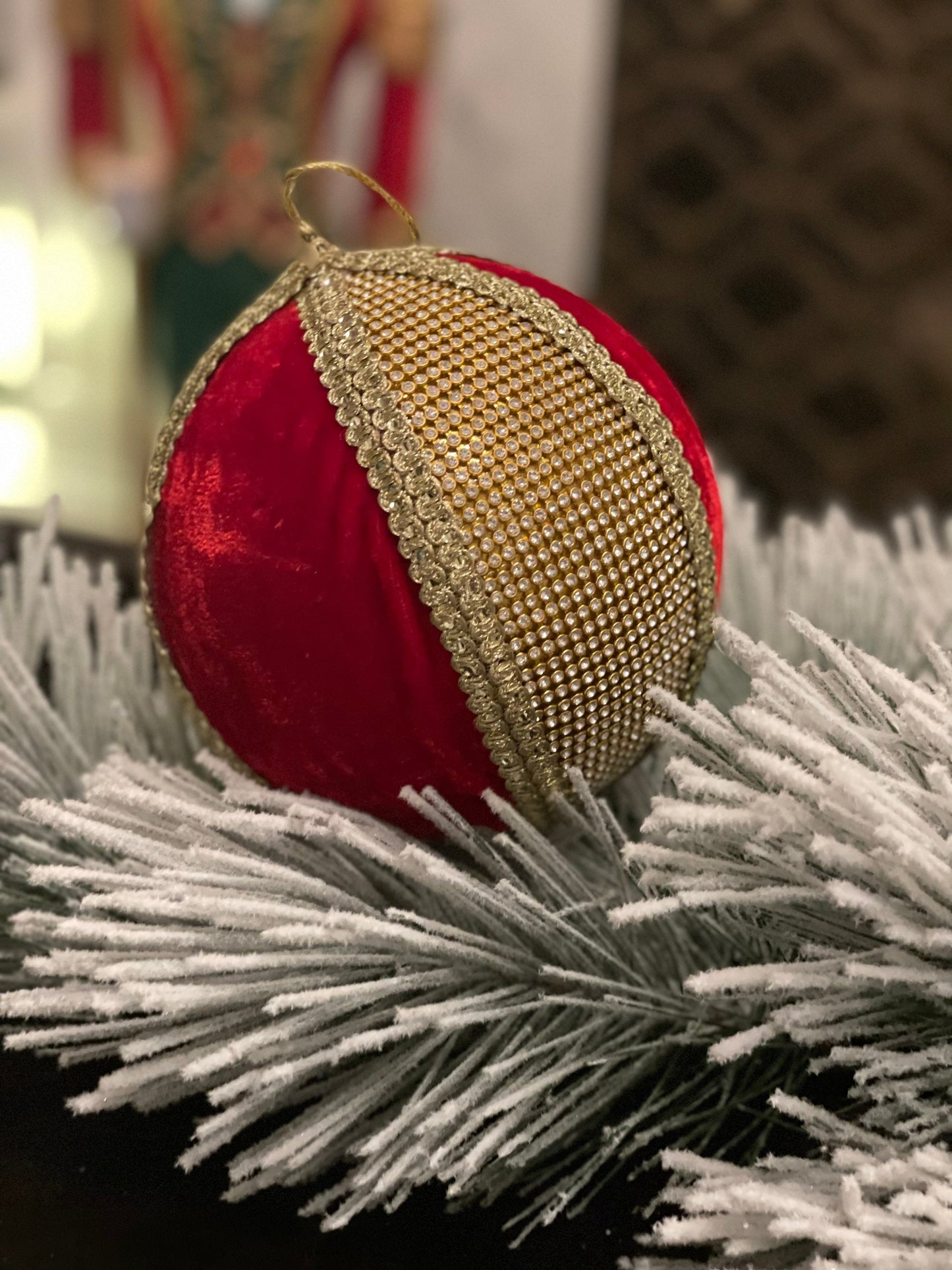 6” Velvet and lace ball ornament red and gold.