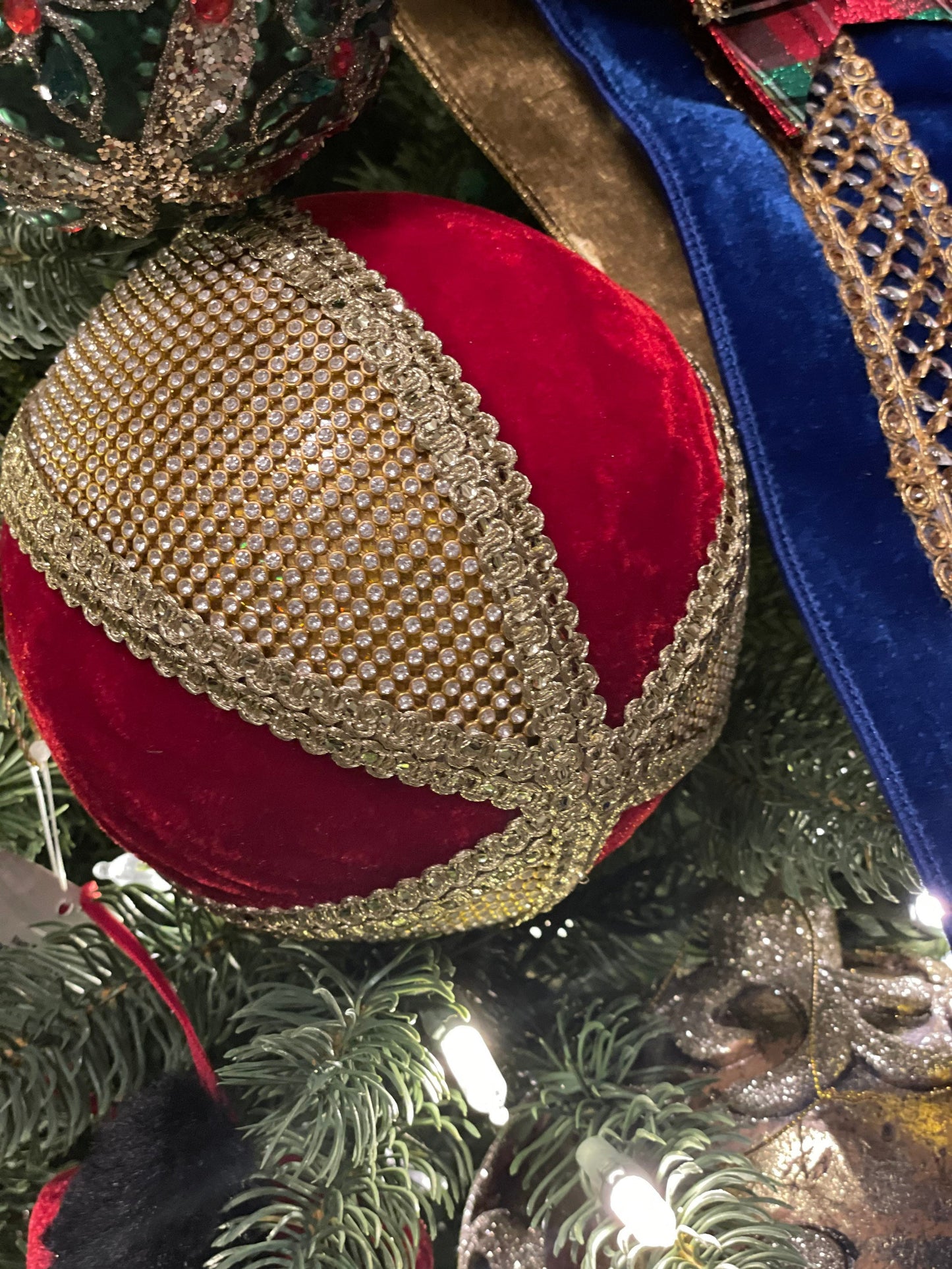 6” Velvet and lace ball ornament red and gold.
