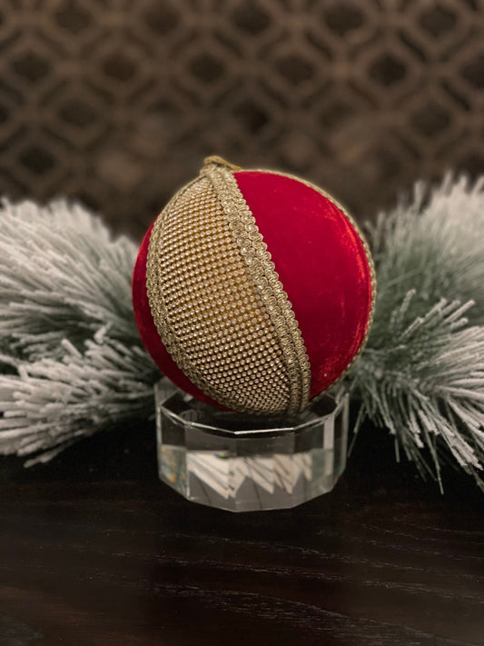 6” Velvet and lace ball ornament red and gold.