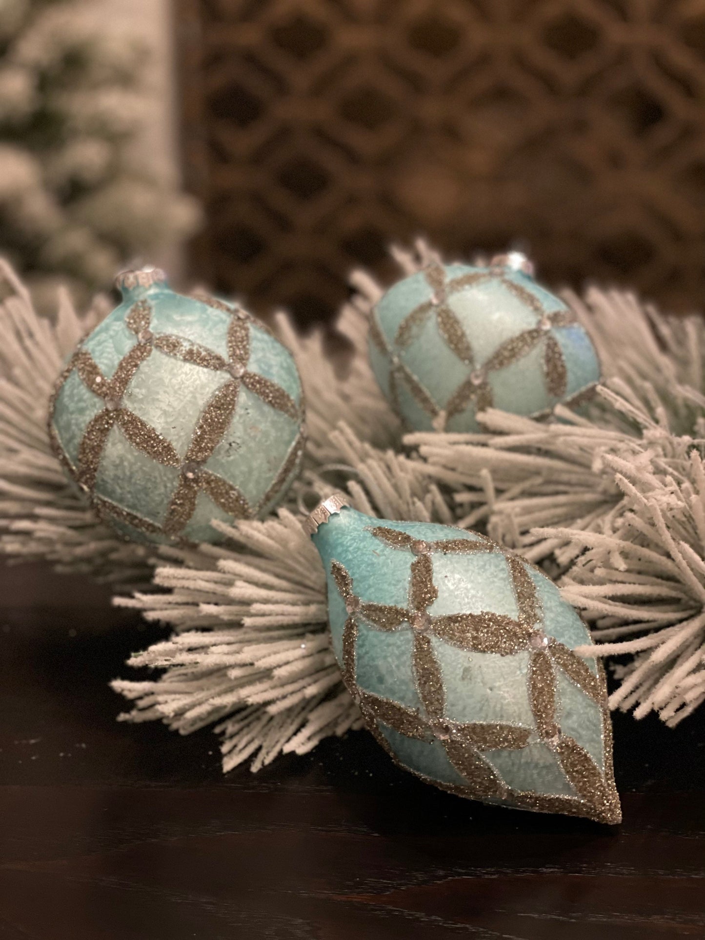 4" Blue and Platinum Frosted Diamond Glass Ornament Set of 3
