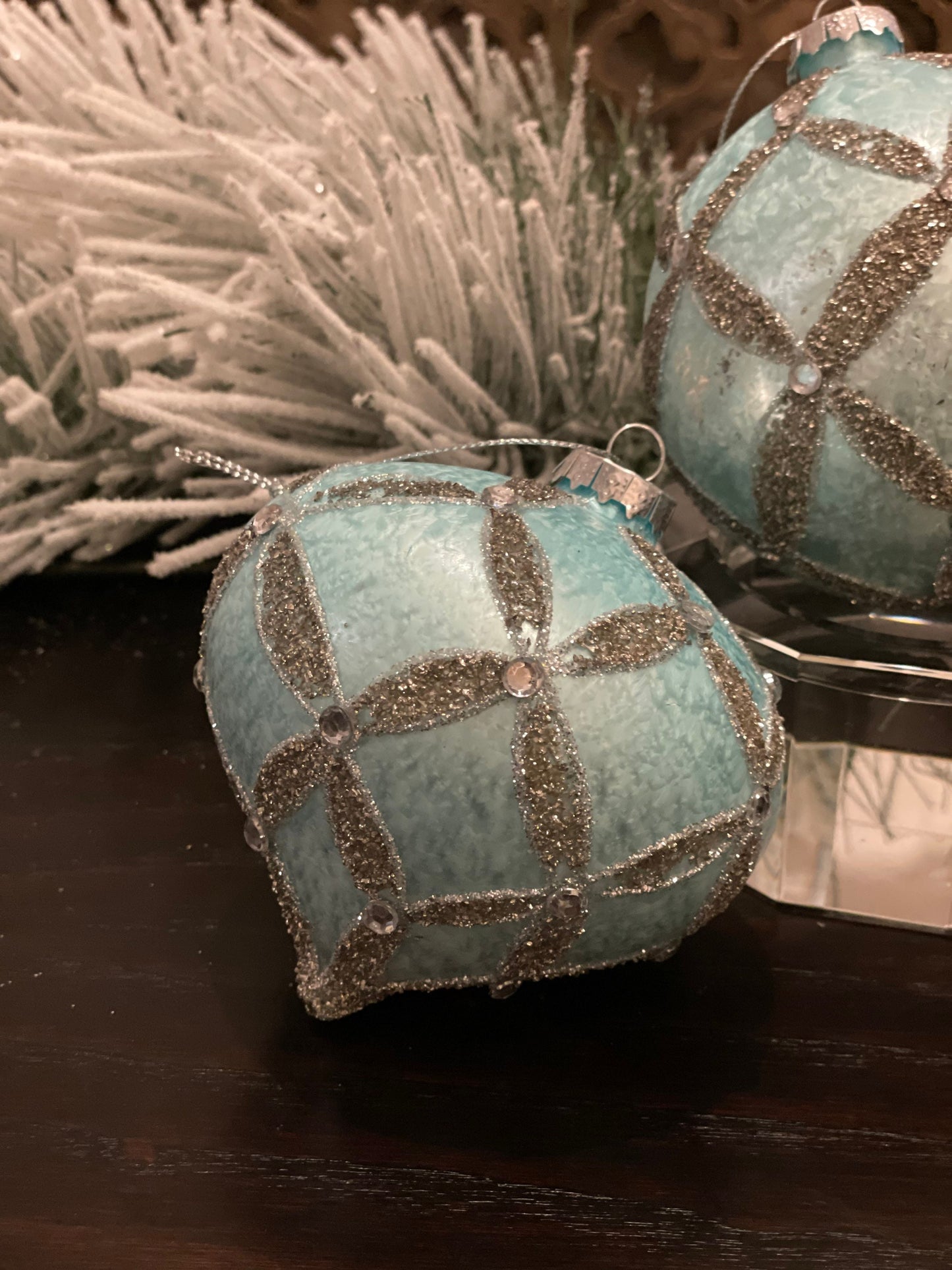 4" Blue and Platinum Frosted Diamond Glass Ornament Set of 3