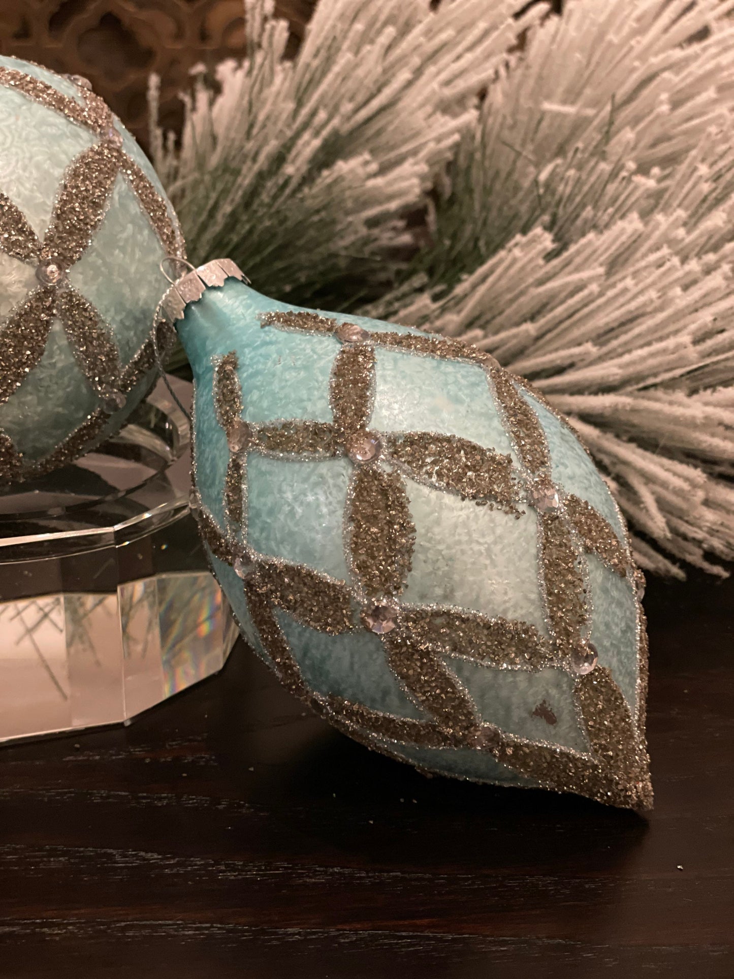 4" Blue and Platinum Frosted Diamond Glass Ornament Set of 3