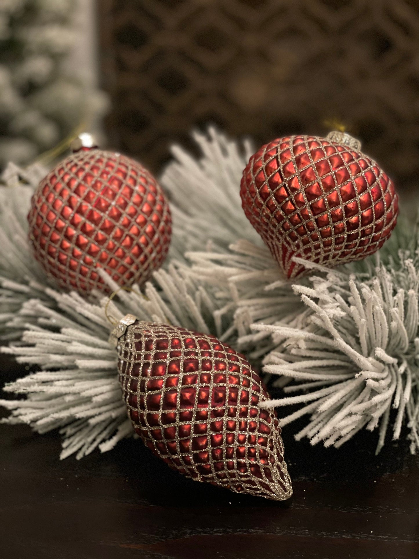 4" red and gold glitter diamond glass ornament set of 3*