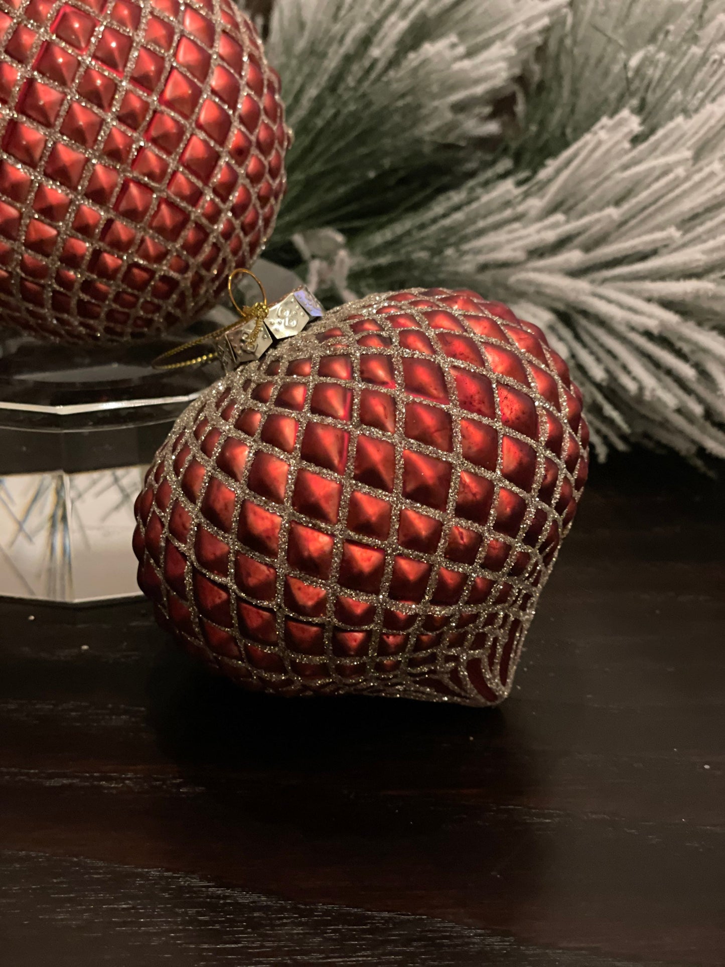 4" red and gold glitter diamond glass ornament set of 3*
