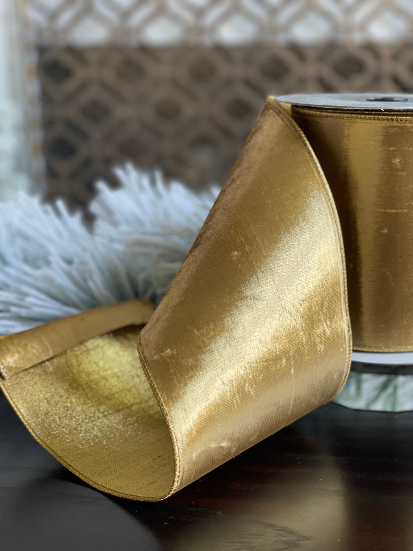 6” x 10 yds. Designer luster velvet gold ribbon with gold back.*