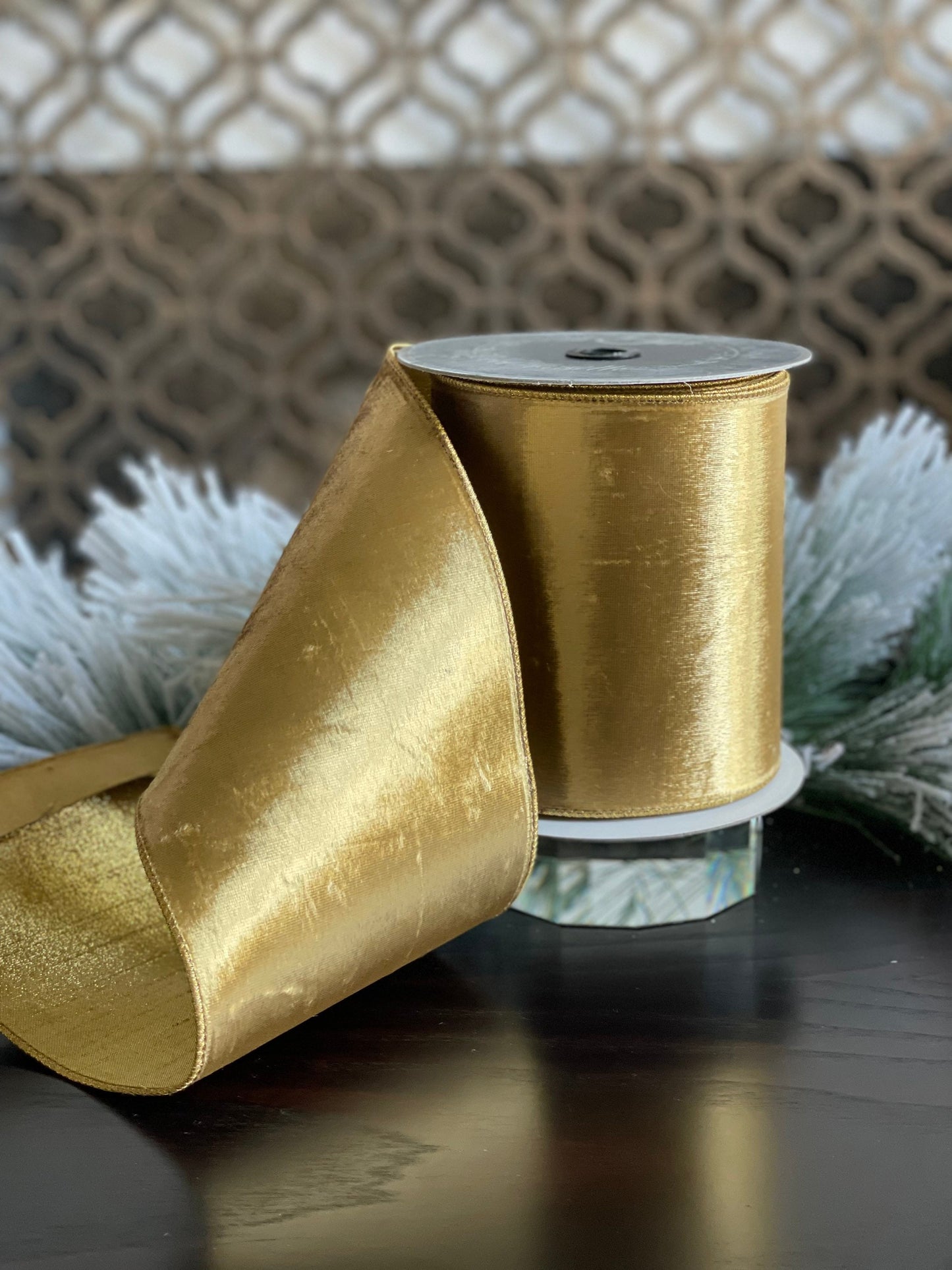 6” x 10 yds. Designer luster velvet gold ribbon with gold back.*