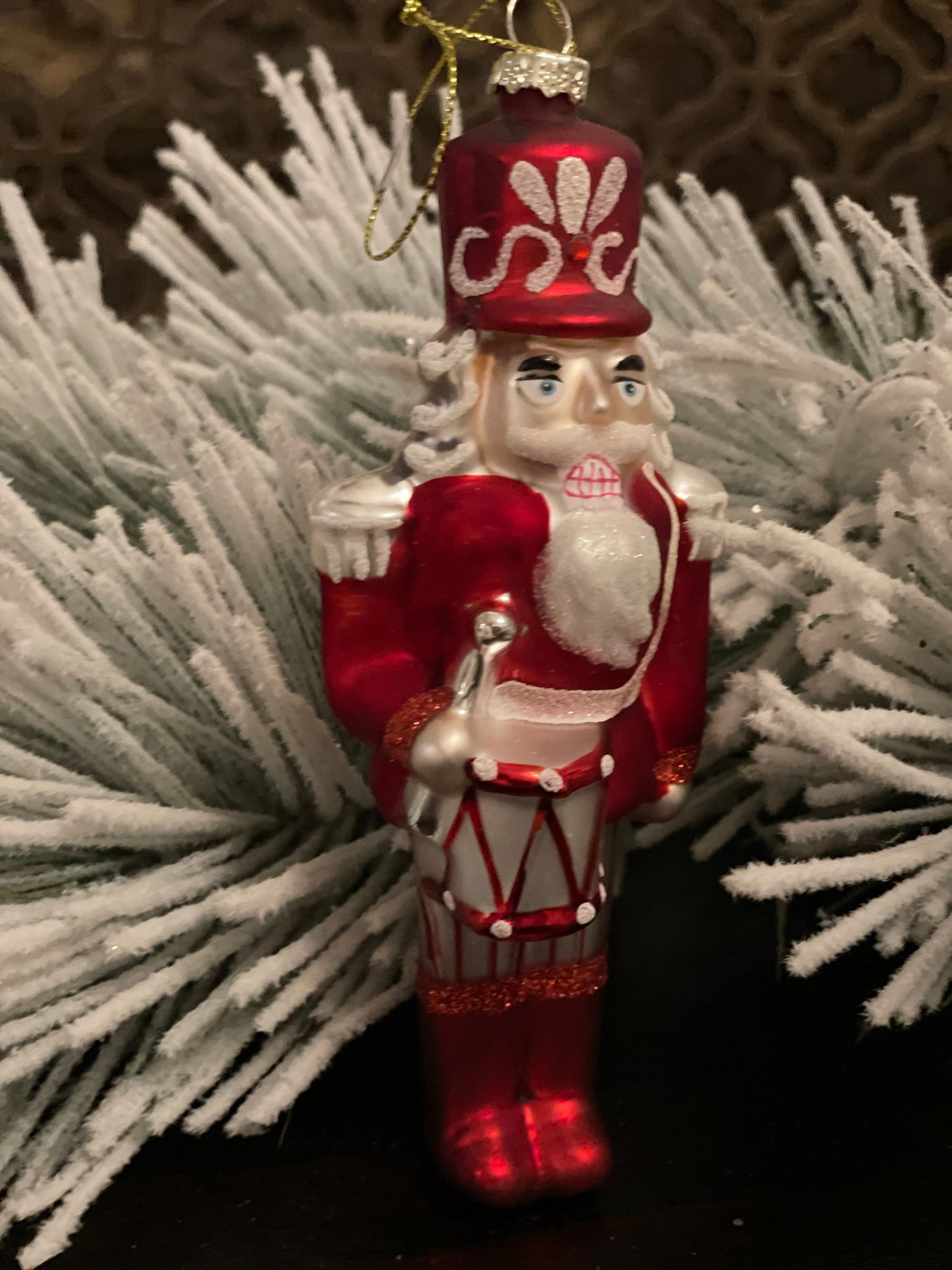 6” Glass peppermint candy Nutcracker ornament. Glass. Regency.