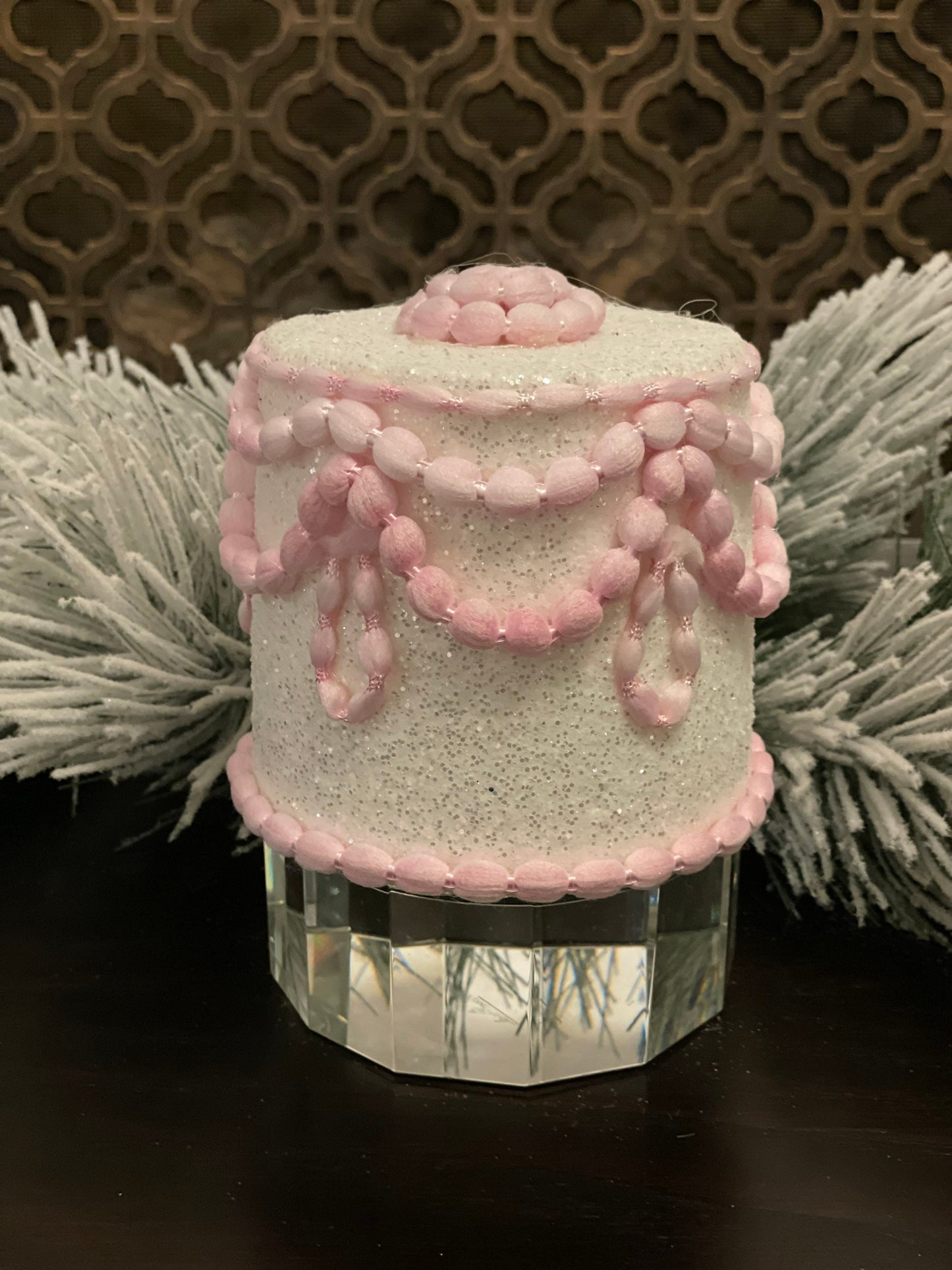 5" Pastel candy decorated cake ornament. White.