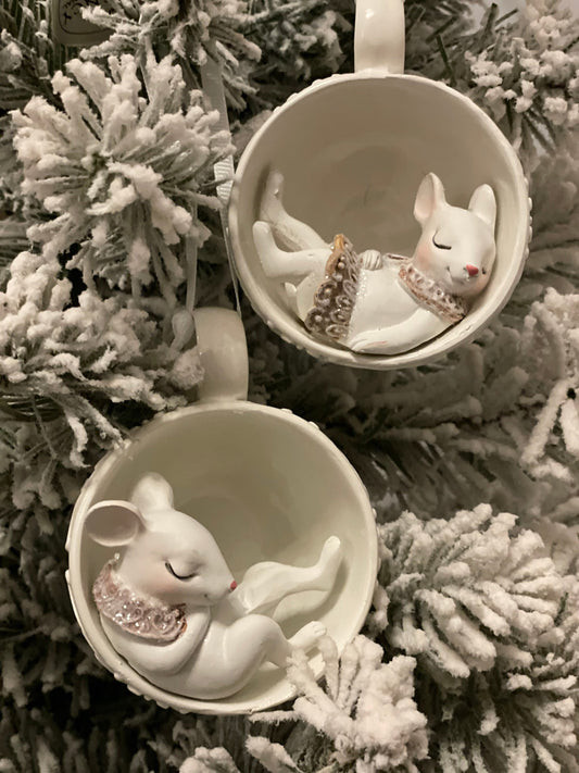 4” resin mouse in teacup ornament. Set of 2.