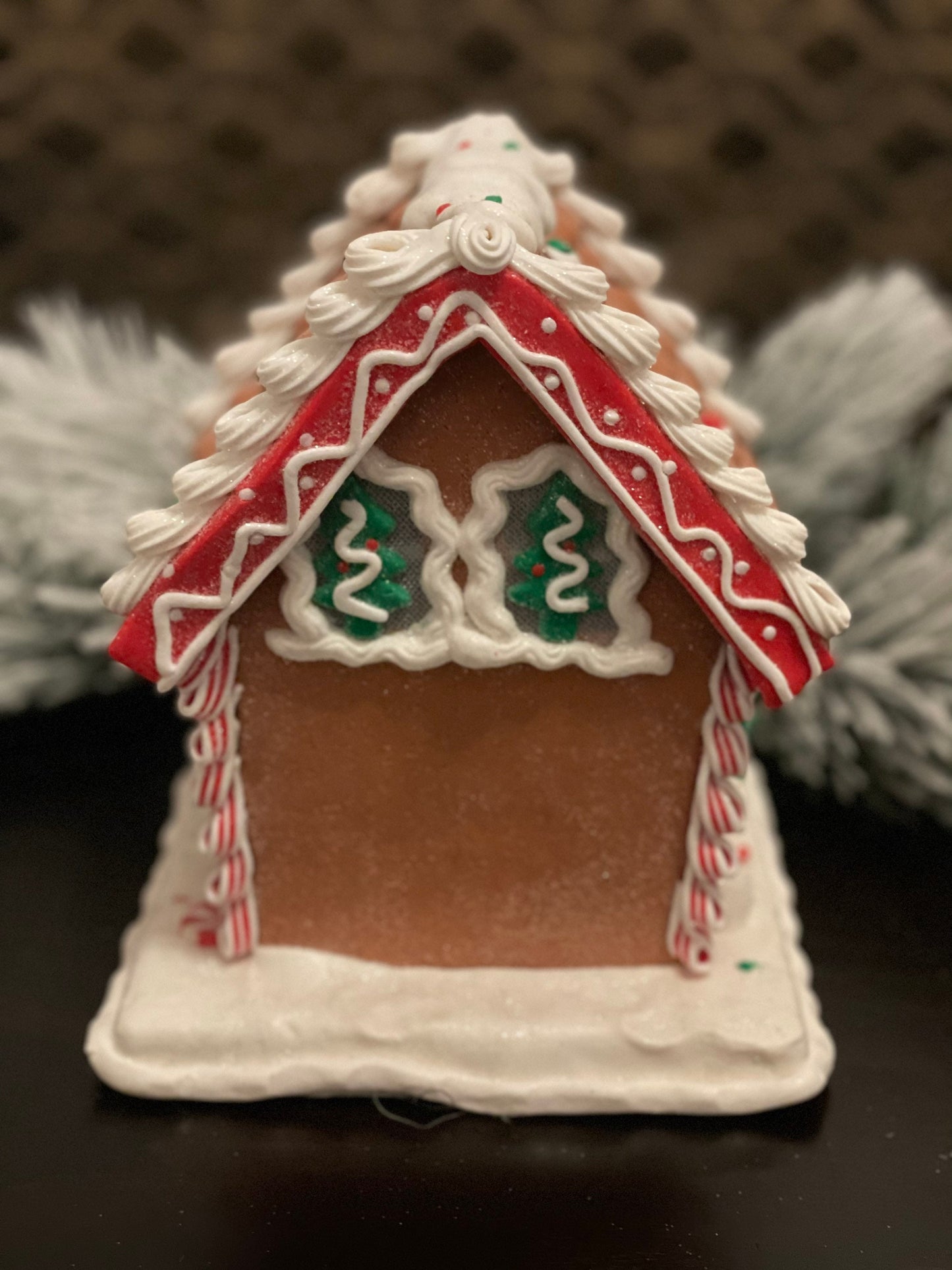 8.5”H x 7”W. Santa Gingerbread lighted house. Red, green and white.