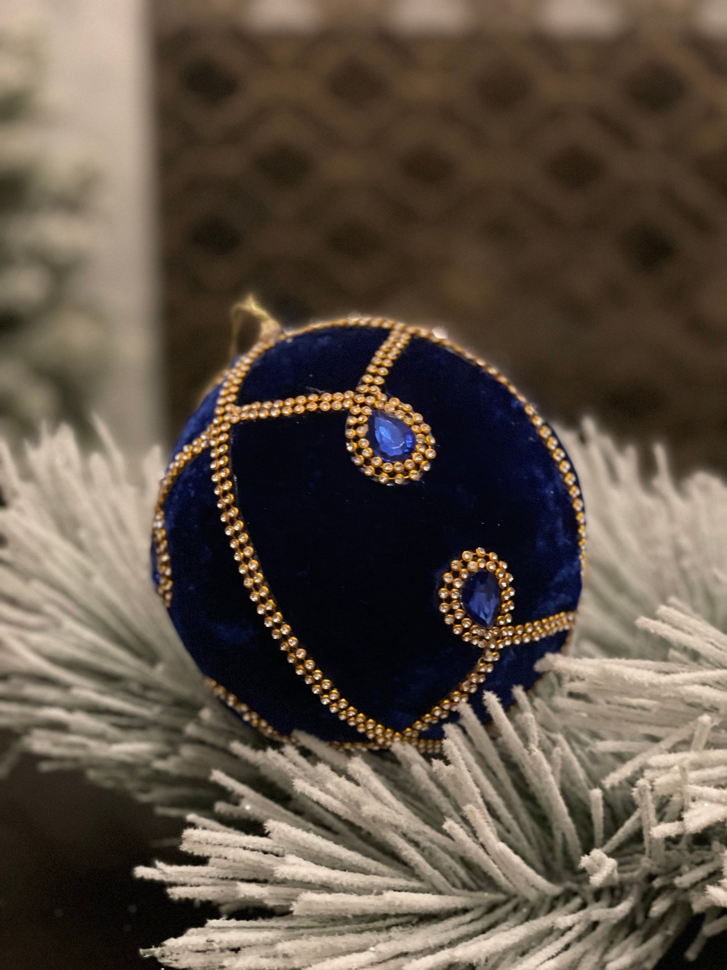 6” Jeweled ball ornament blue.