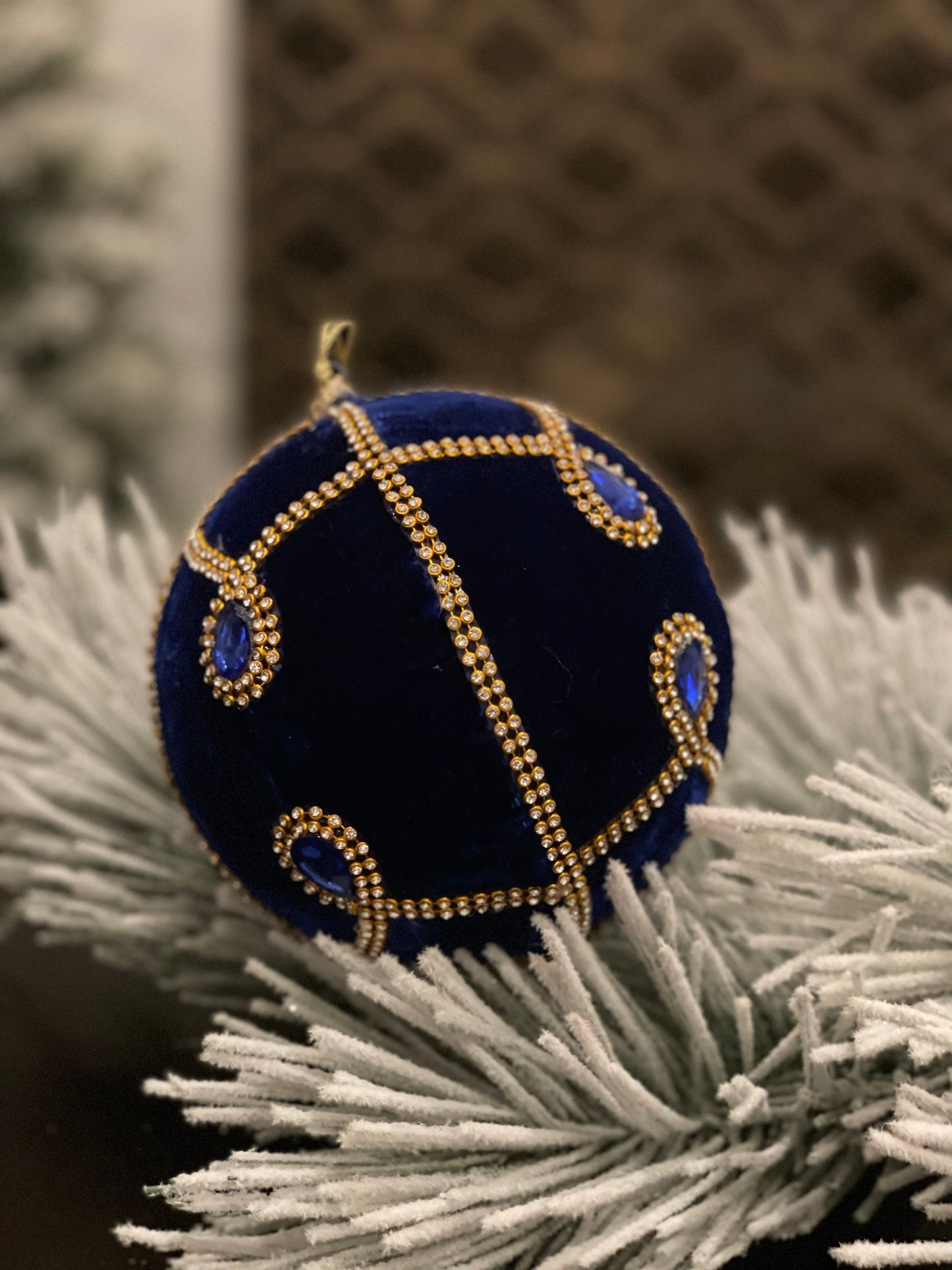 6” Jeweled ball ornament blue.