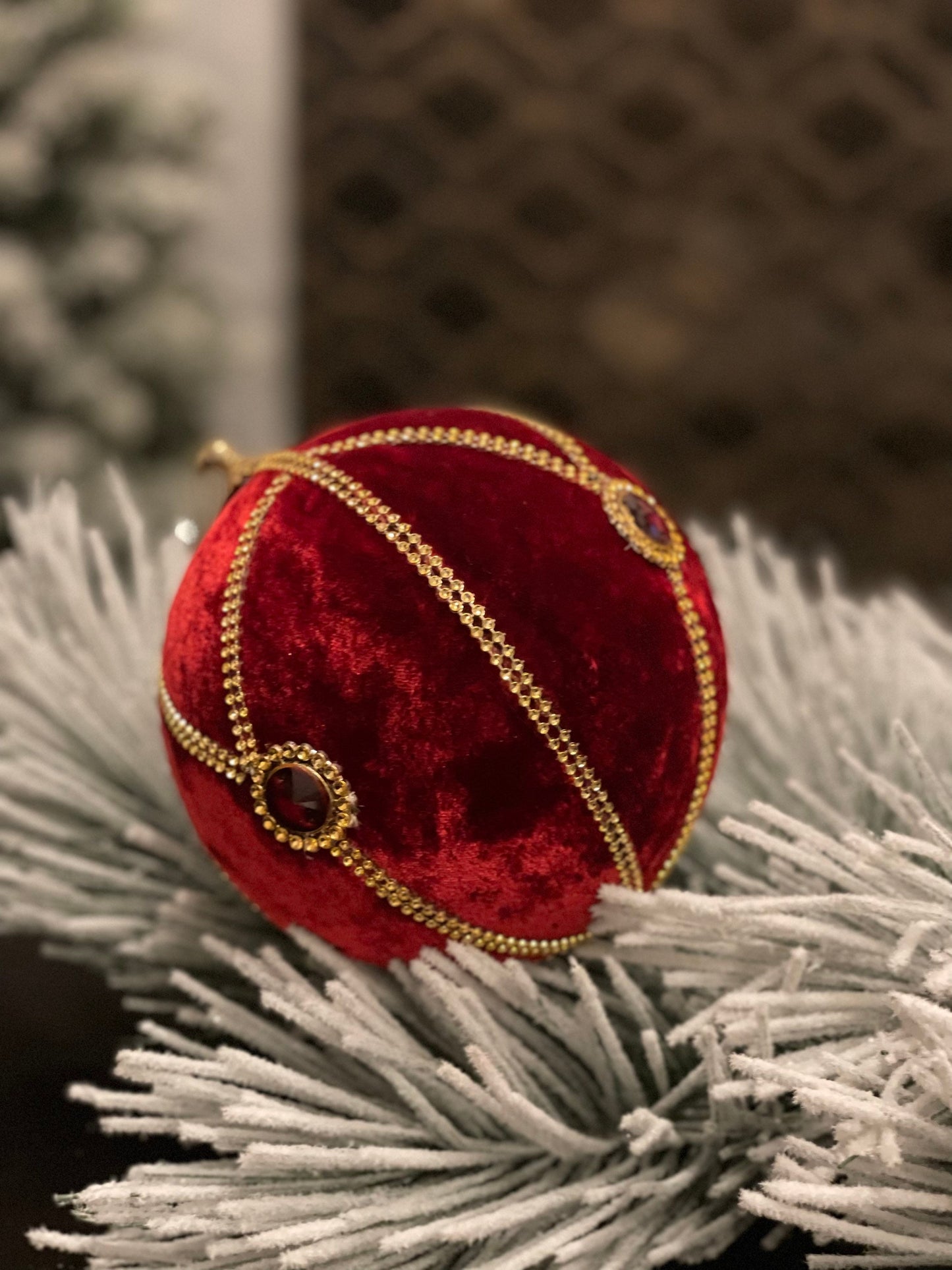 6” Jeweled velvet ball ornament red and gold.