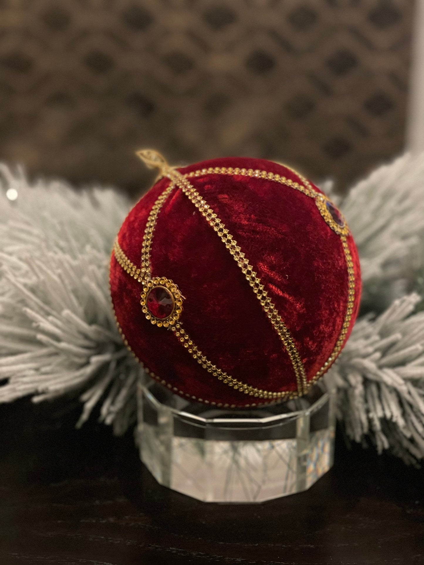 6” Jeweled velvet ball ornament red and gold.