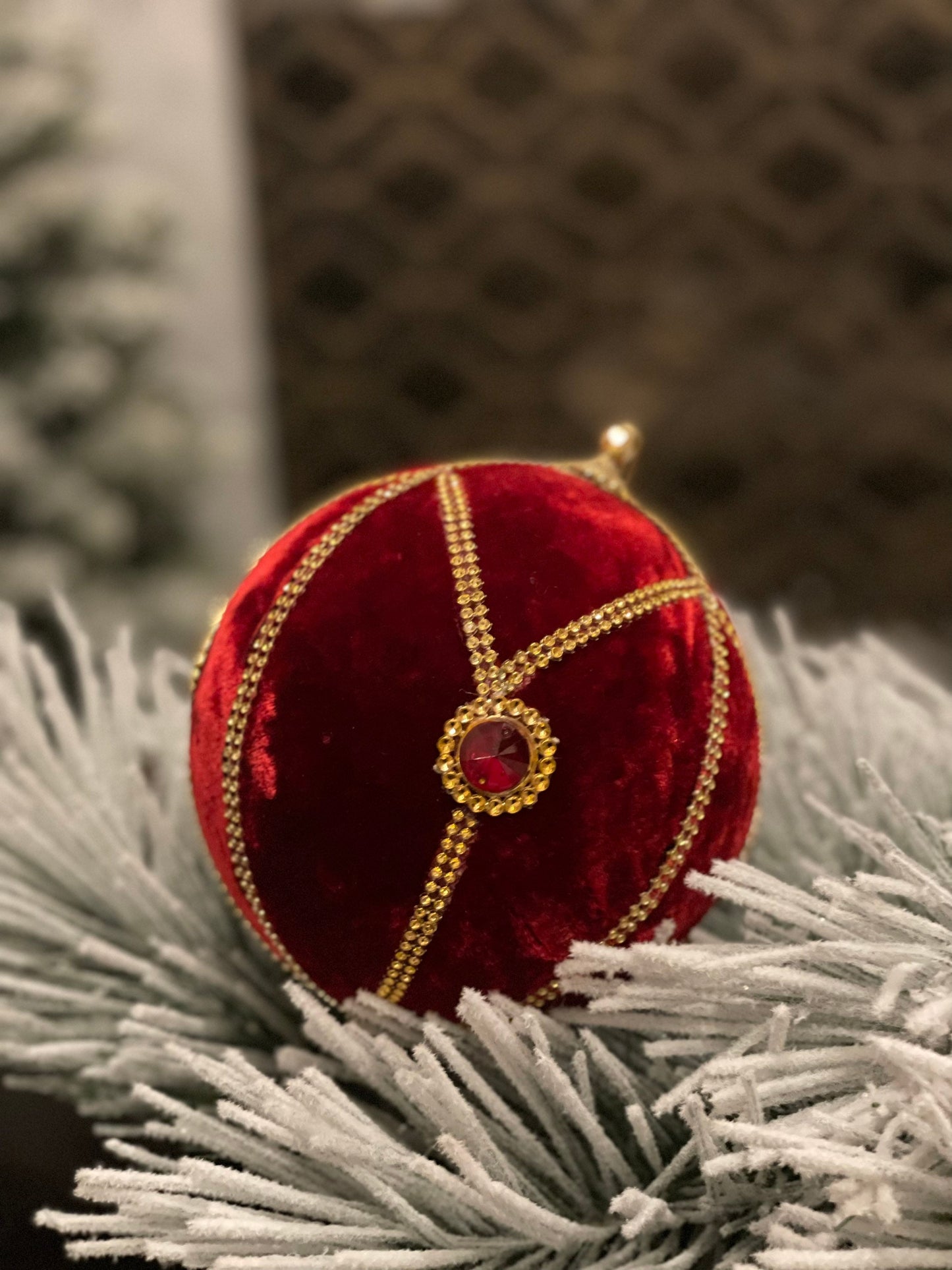 6” Jeweled velvet ball ornament red and gold.