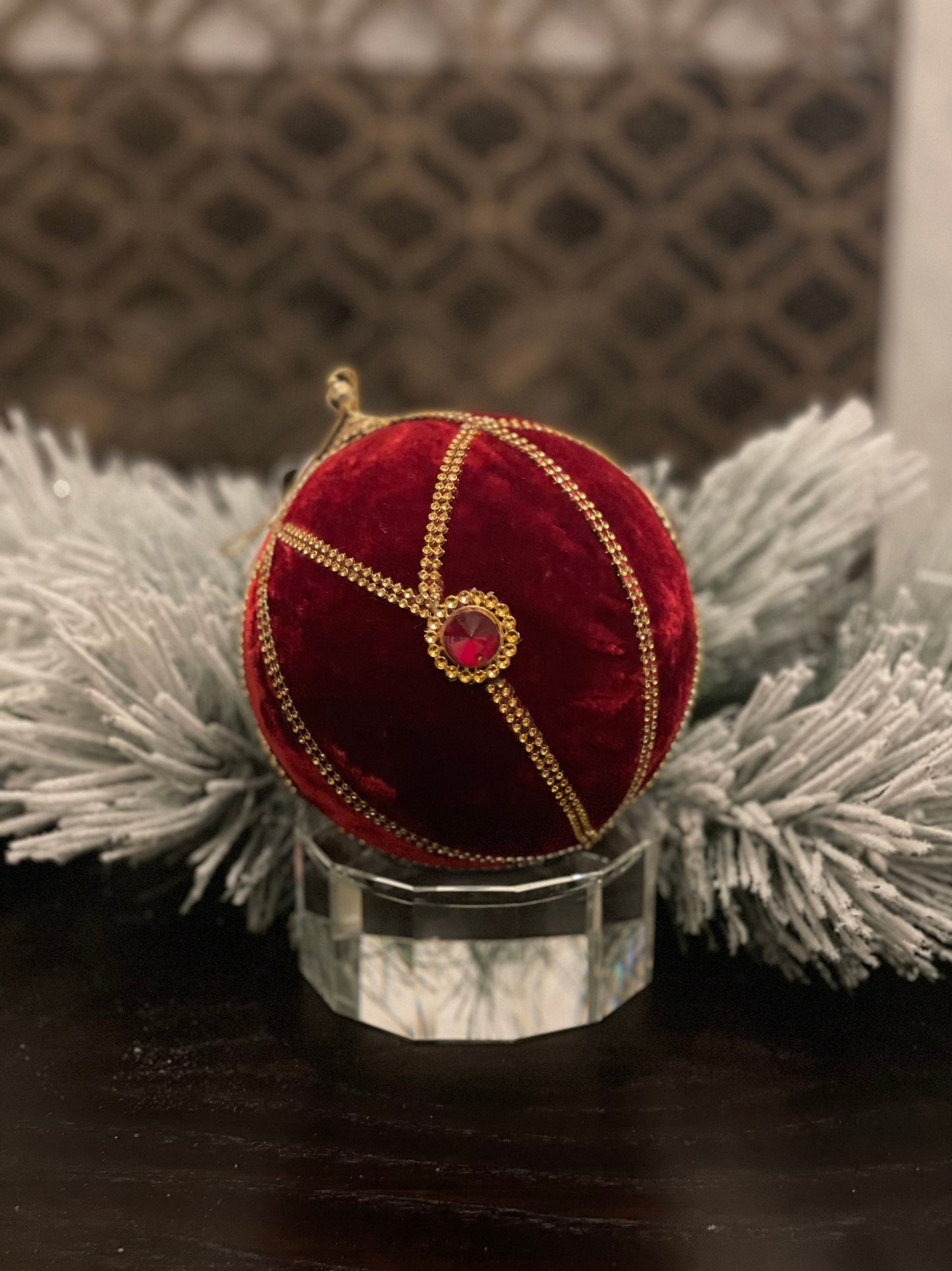 6” Jeweled velvet ball ornament red and gold.
