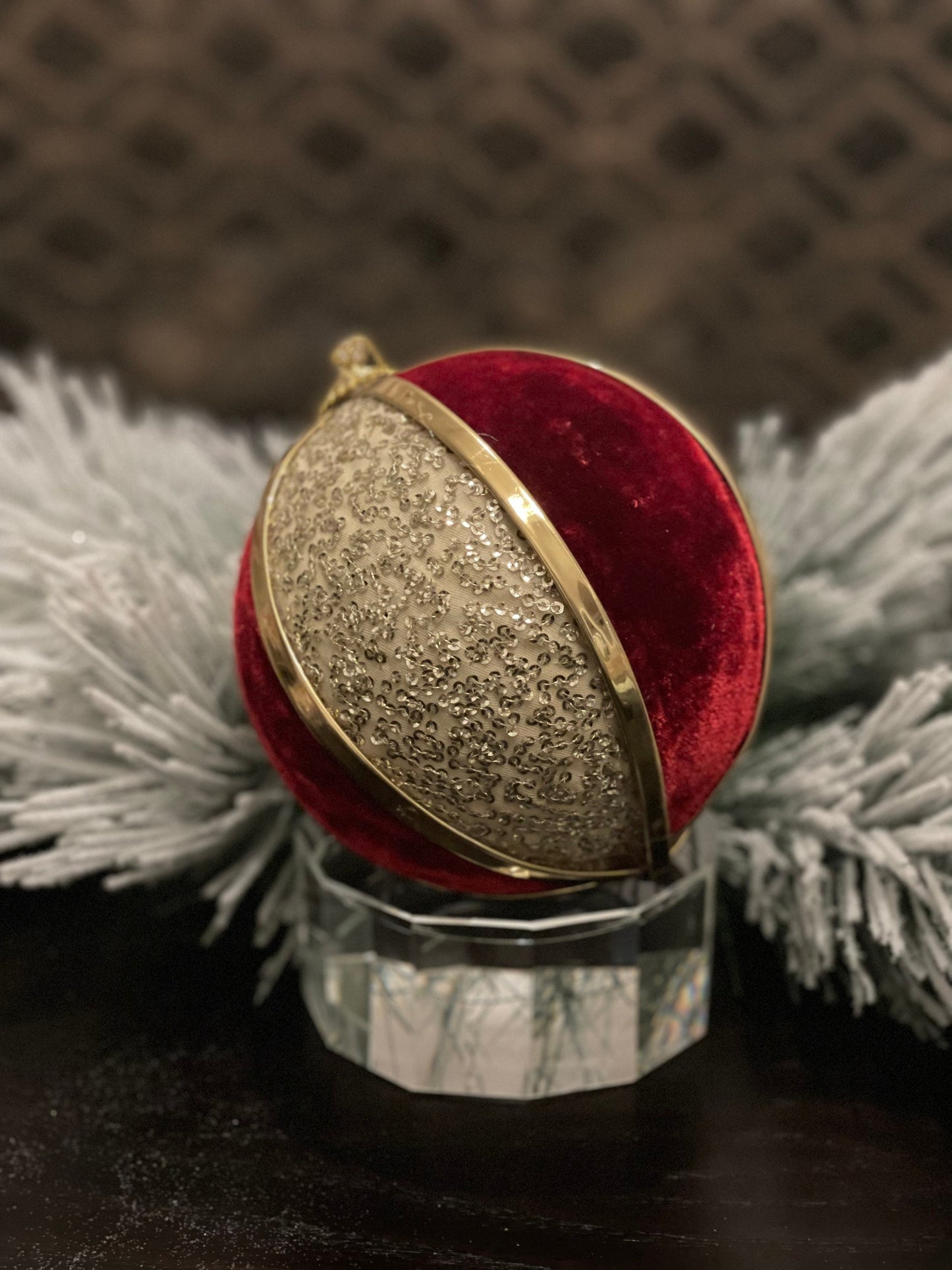 6” sequined ball ornament red and gold.