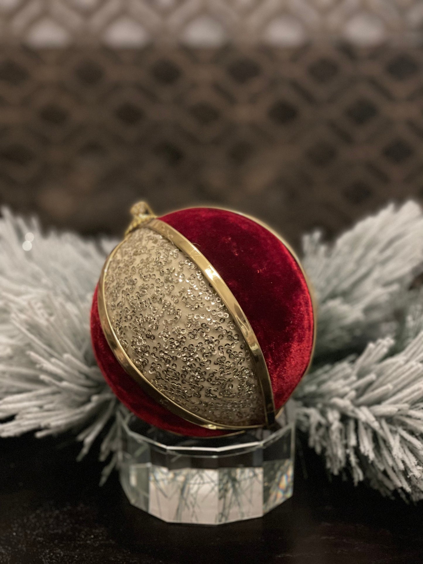 6” sequined ball ornament red and gold.