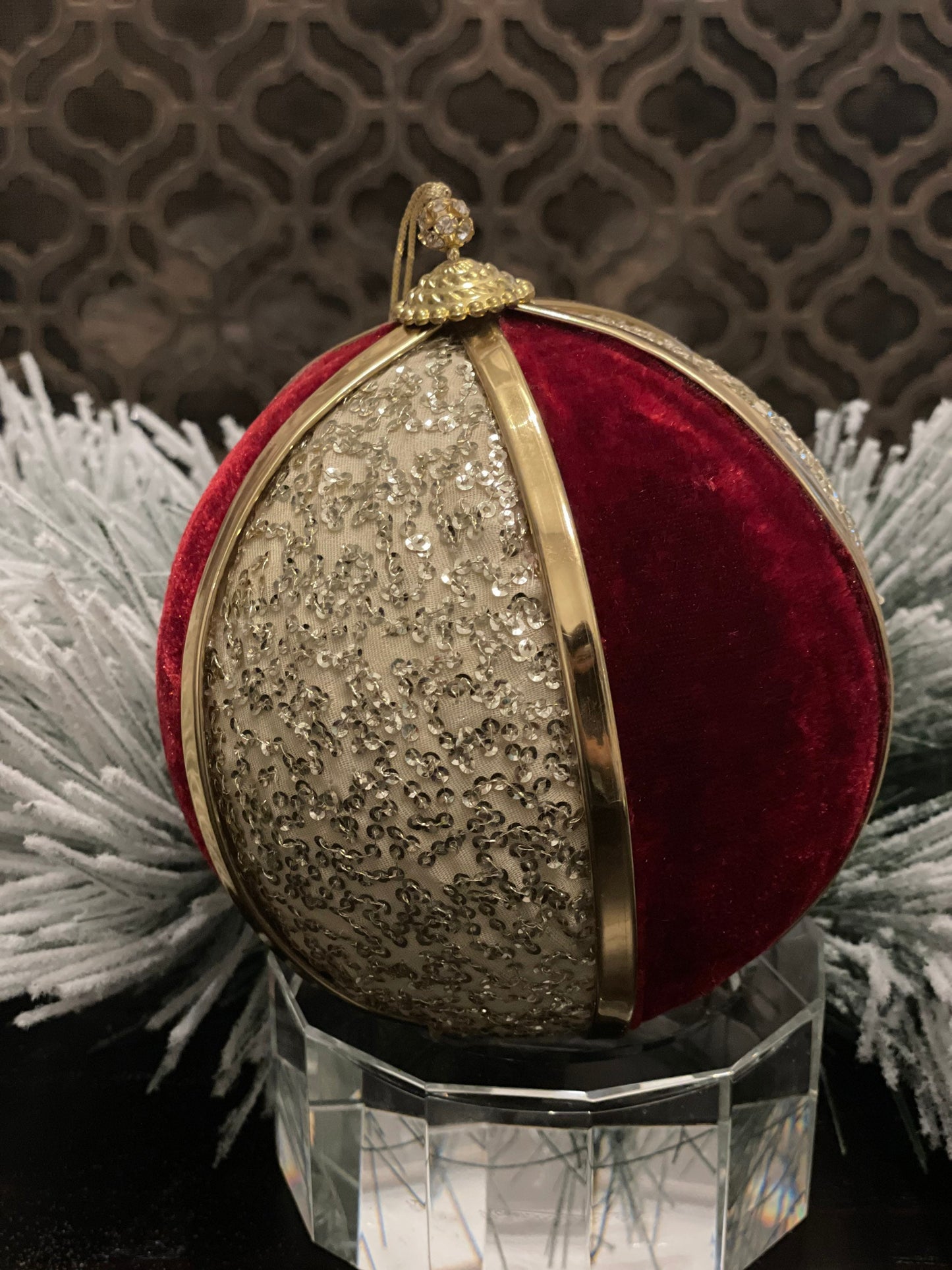 6” sequined ball ornament red and gold.