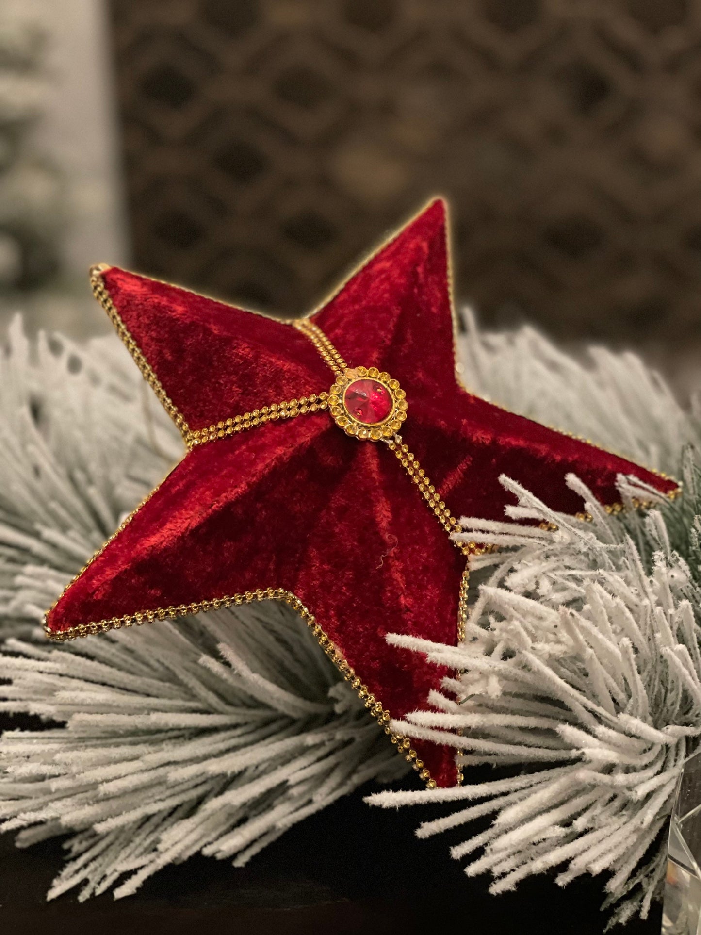 9” Star jeweled velvet ornament red and gold.