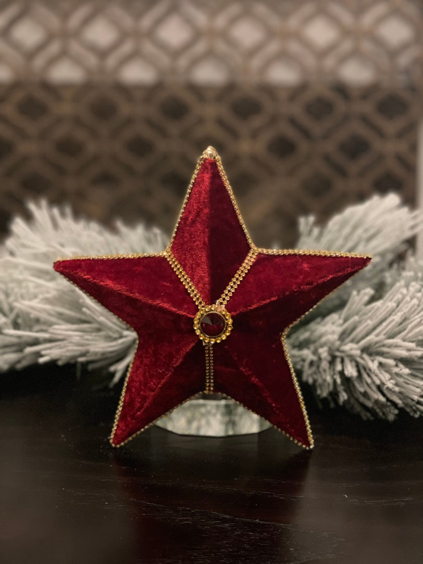9” Star jeweled velvet ornament red and gold.