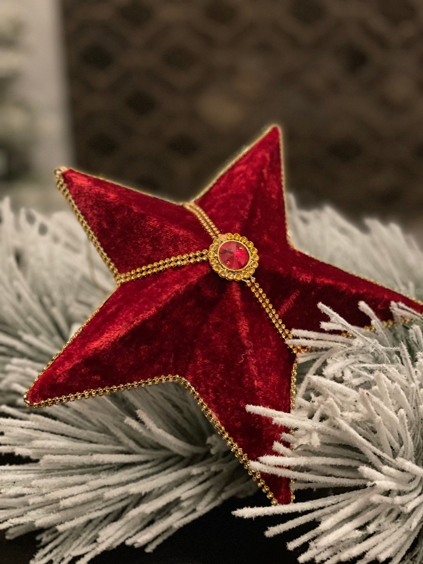 9” Star jeweled velvet ornament red and gold.