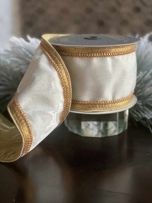 Designer classic borders velvet ivory and gold wired ribbon 4” x 5 yards.*