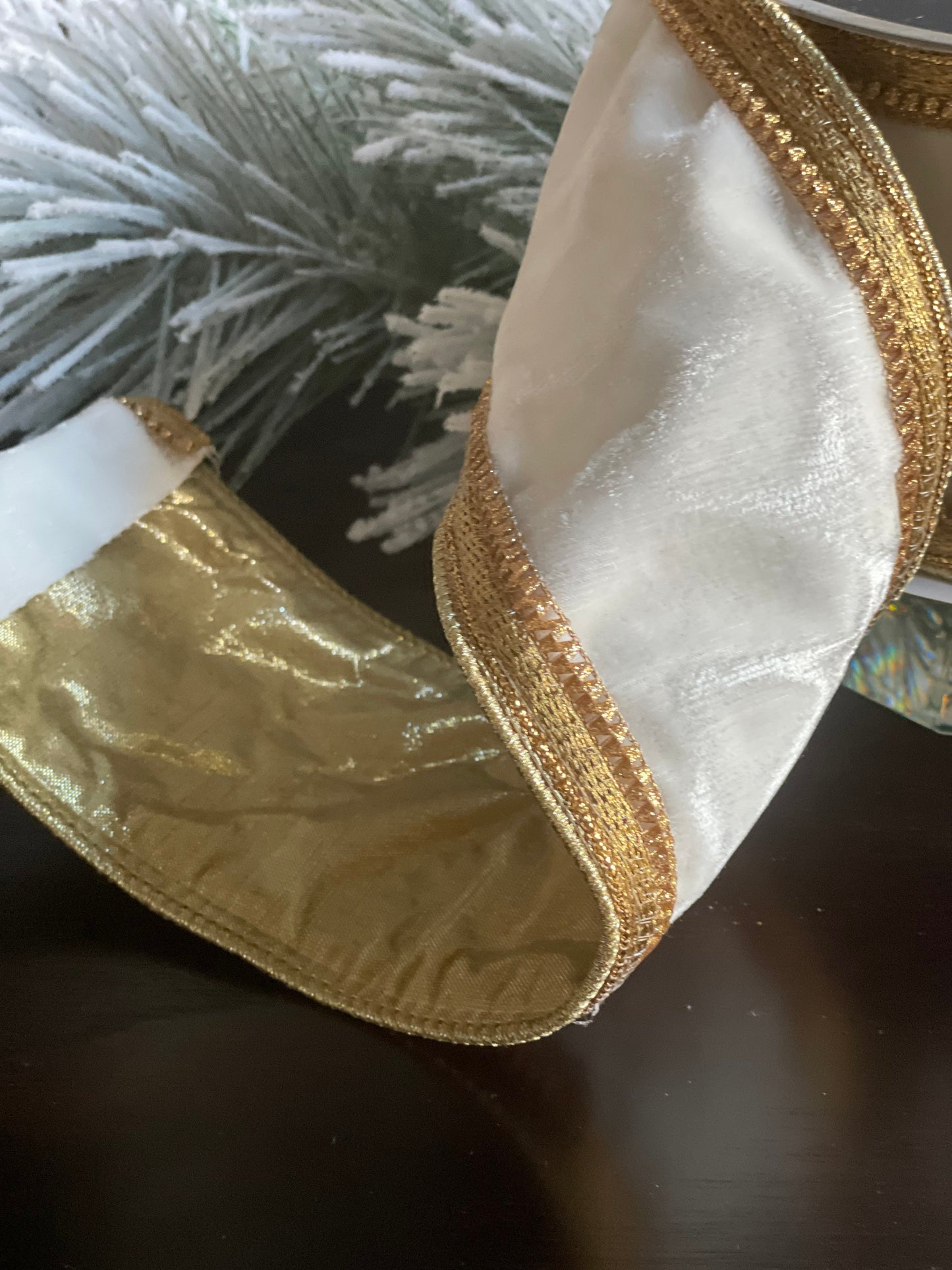 Designer classic borders velvet ivory and gold wired ribbon 4” x 5 yards.*