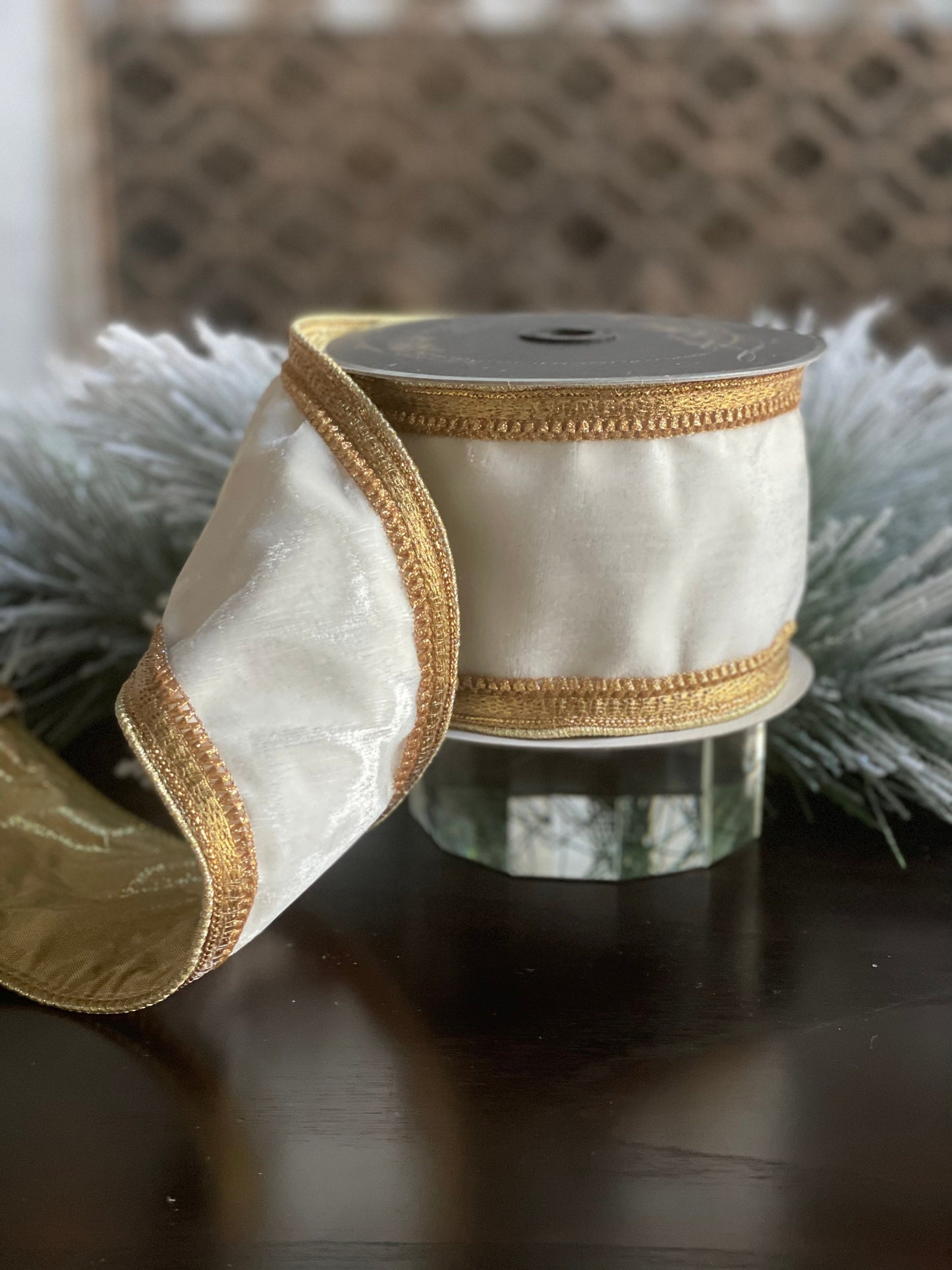 Designer classic borders velvet ivory and gold wired ribbon 4” x 5 yards.*